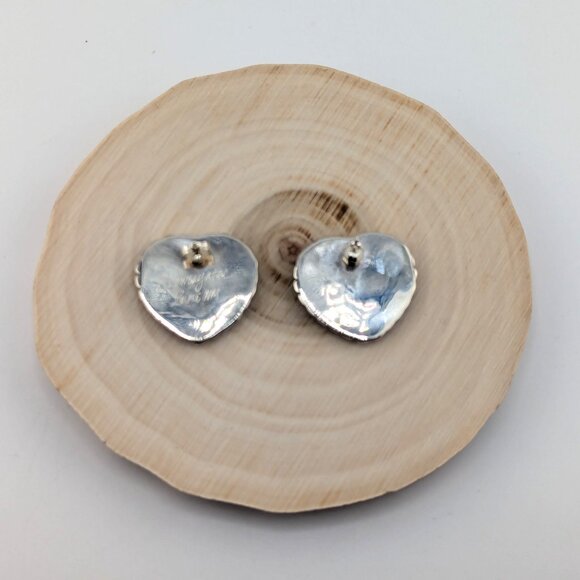 Zuni Kingman Turquoise Heart Inlay Stud Earrings Handcrafted Native American ** - Picture 11 of 11